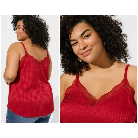 TORRID Red Satin Jacquard Houndstooth Lace Trim Cami, Like New, Size 1, 1X - Picture 2 of 14